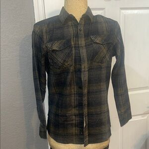 burnside Men's Black and Olive Plaid Button-Down Shirt